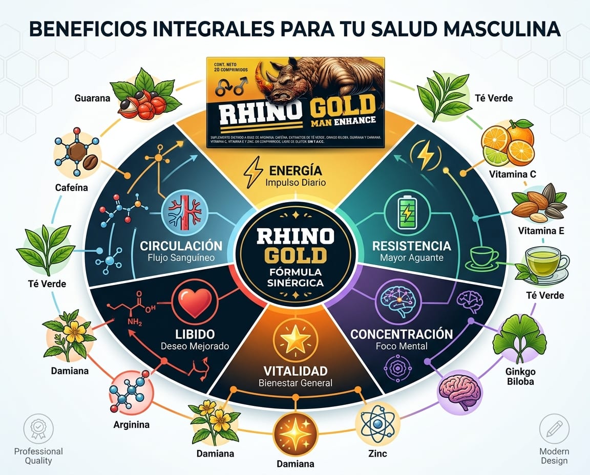Beneficios integrales de Rhino Gold — rueda con 6 efectos: energía, resistencia, vitalidad, circulación, libido y concentración