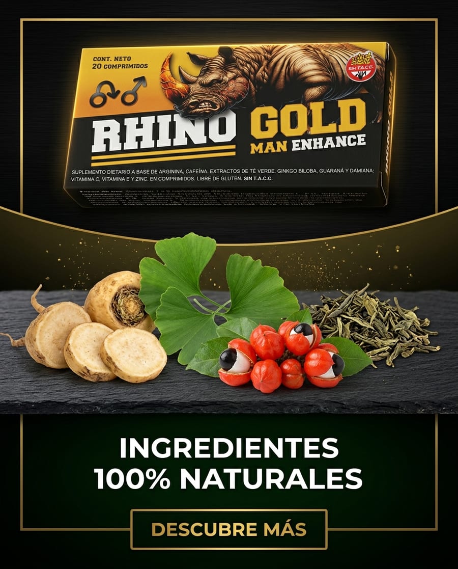 Rhino Gold con ingredientes 100% naturales — descubre más sobre la fórmula original con Maca, Ginkgo, Guaraná y Té verde