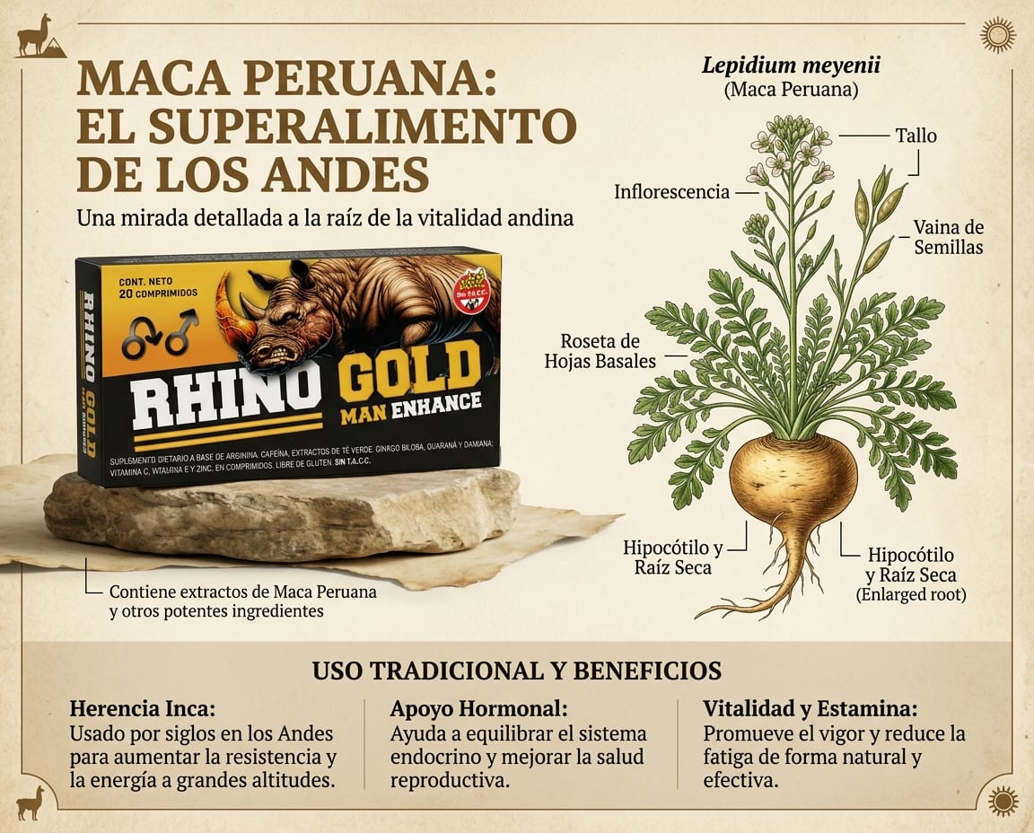 Maca Peruana — el superalimento de los Andes. Lepidium meyenii con detalle botánico de la raíz original de Rhino Gold