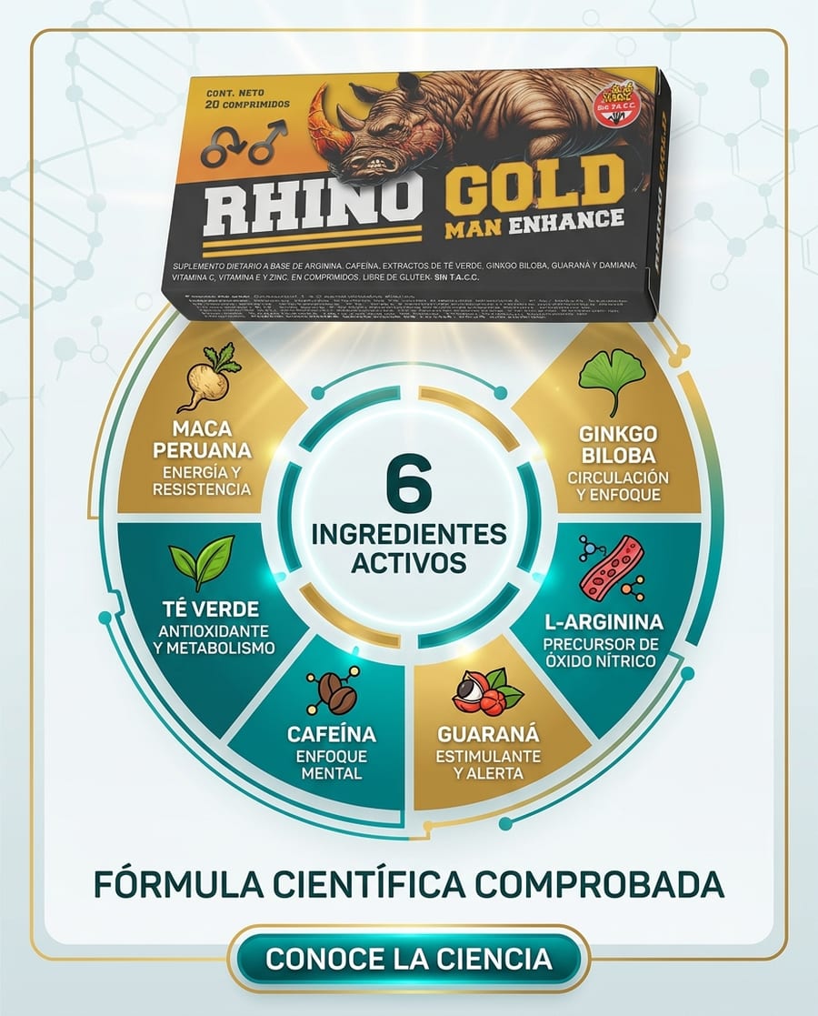 6 ingredientes activos de Rhino Gold — fórmula científica comprobada con Maca, Ginkgo, Té Verde, L-Arginina, Cafeína y Guaraná. Conoce la ciencia